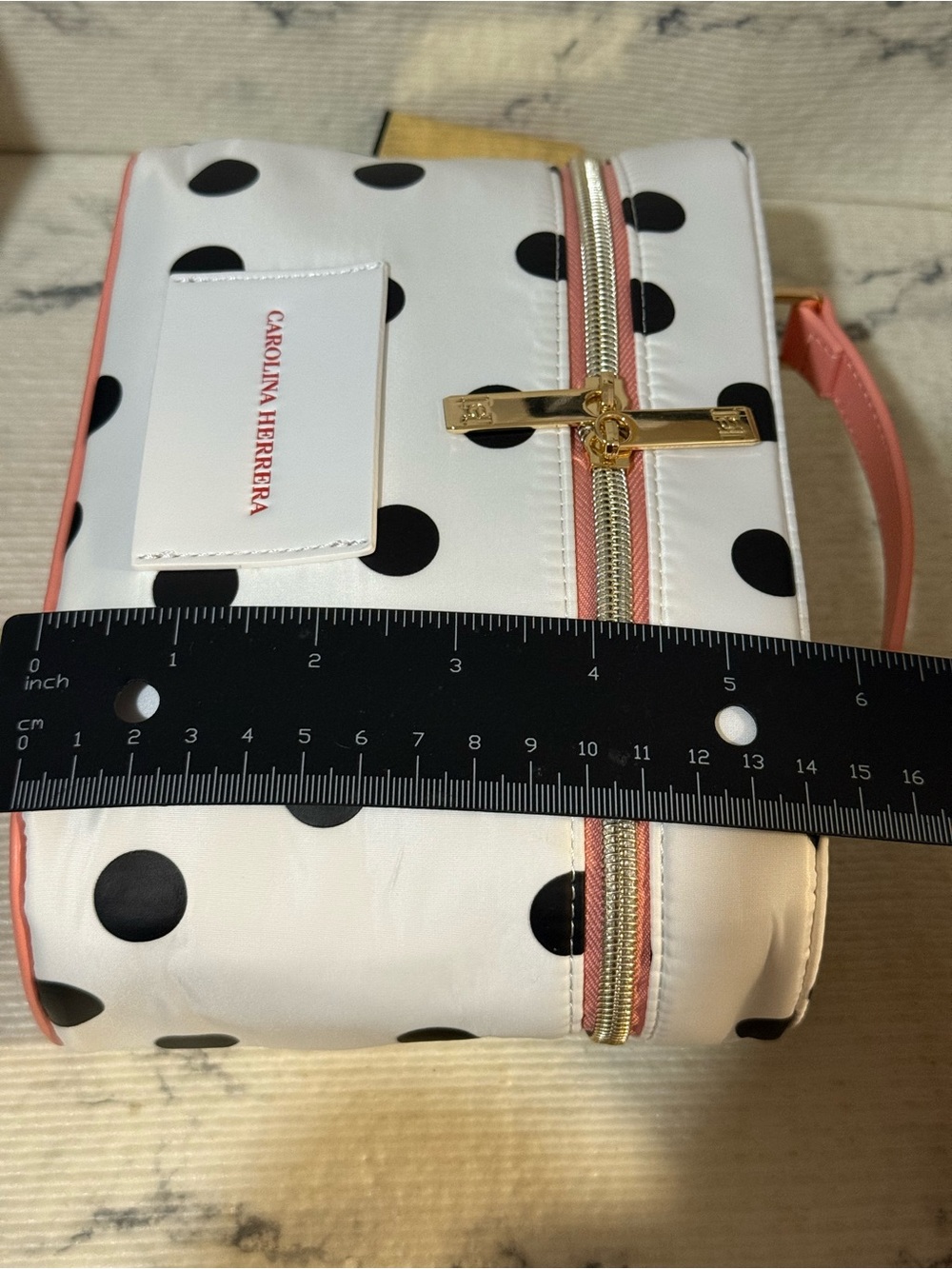 Carolina Herrera Beauty White Polka Dot Cosmetic Case with Pink Top Handle - Picture 15 of 16